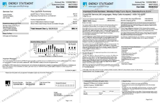 USA California PG&E (Pacific Gas and Electric Company) utility bill, Word and PDF template, 6 pages 1 2